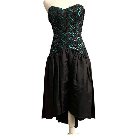 Vintage Gunne Sax Prom Dress Black Strapless Sequin Size 4 Bow High Low Gown - Picture 1 of 12